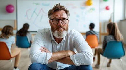 A dedicated teacher sits confidently in front of students, fostering an engaging educational environment that promotes learning and creativity in the classroom setting.