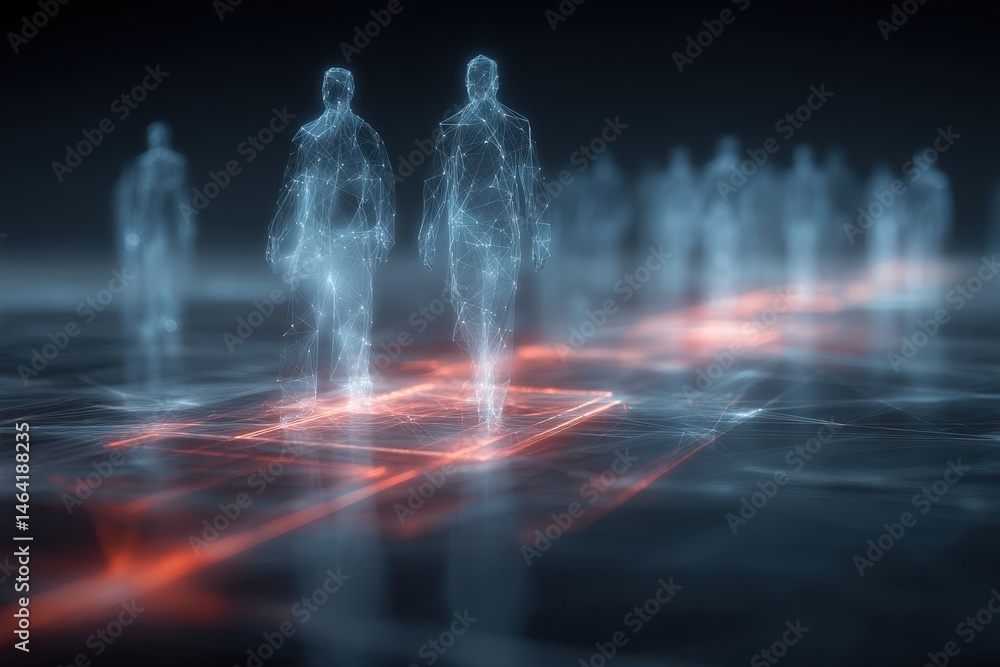 Poster digital representation of abstract human figures walking along a glowing path symbolizing connectivi