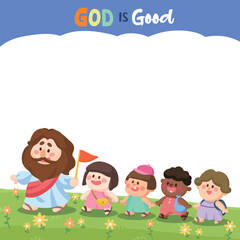 Cartoon Jesus walking with happy children in a flower field frame Cute Christian Illustration with blank space for text 1X1
