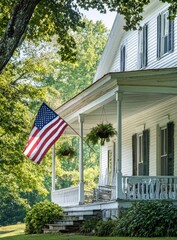 Charming white house with porch and flag