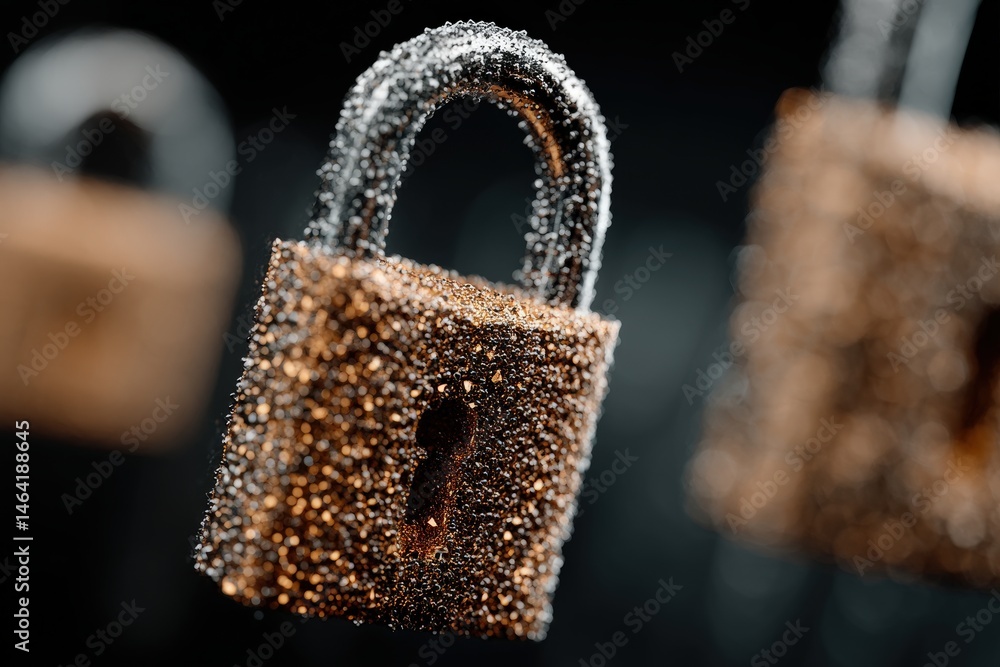 Poster intricate macro shot of textured lock adorned with droplets showcasing security and confidentiality 