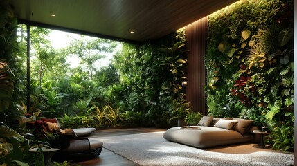 Fototapeta premium Biophilic Soundscape Home echo-controlled by vertical garden walls and soft-texture flooring Acoustic Wellness Architecture Eco-Sensory Living Spaces