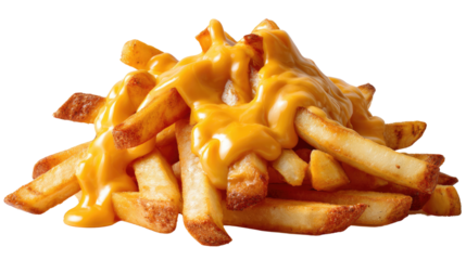 Golden Fries with Cheese Sauce: A close-up shot showcases a delectable pile of golden fries, generously smothered in a creamy cheese sauce, embodying pure comfort food and indulgence.