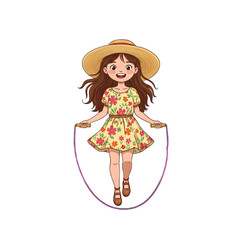 Happy girl in floral dress joyfully jumping rope outdoors summer fun