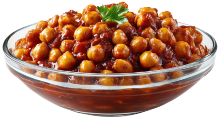 Aromatic Chickpeas Dish in Glass Bowl: A tempting close-up shot of a hearty chickpea dish in a glass bowl, featuring a rich tomato-based sauce and garnished with a fresh parsley leaf.