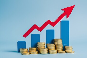 A 3D business concept illustration shows a financial growth graph with golden coins and a dollar sign indicating market success and profit