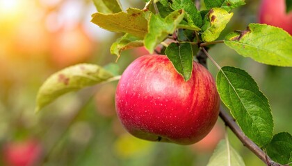 Ripe Red Apple on a Branch: A vibrant red apple hangs gracefully from a branch, its skin glistening in the warm sunlight, surrounded by lush green leaves.