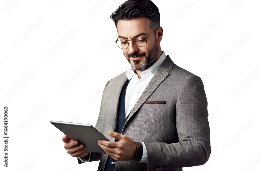 Aufkleber handsome businessman using a tablet and working, isolated on transparent background