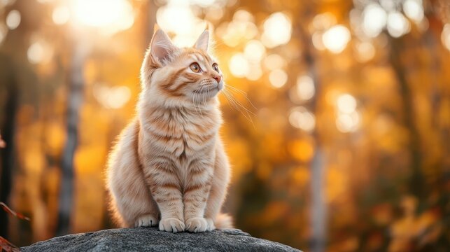 A charming orange tabby cat seated on a rock, gazing thoughtfully into the distance amidst a backdrop of warm, autumn sunlight filtering through the trees.