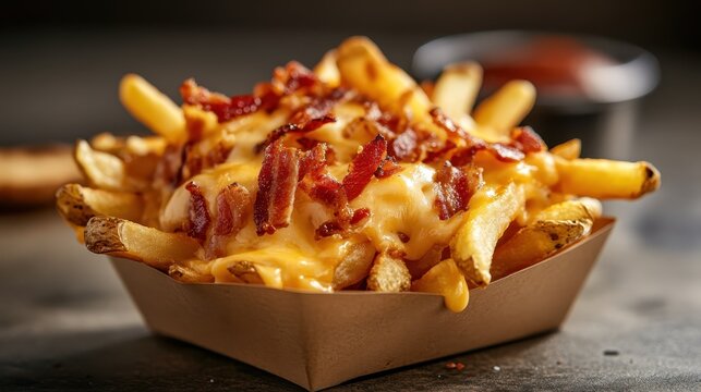 A tempting serving of loaded French fries, generously topped with melted cheese and crispy bacon, served in a stylish paper tray, ideal for food lovers and snack enthusiasts.