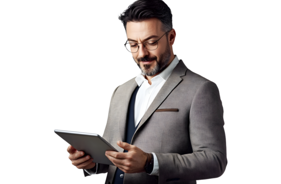 Handsome businessman using a tablet and working, isolated on transparent background