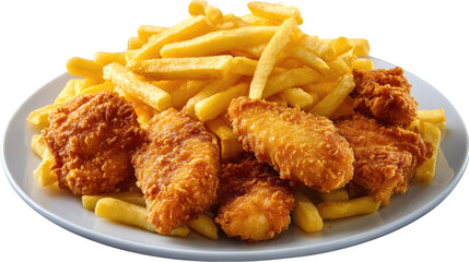 Fototapeta premium Crispy Chicken and Fries Delight: A delectable plate of golden, crispy fried chicken pieces and perfectly cooked French fries. A satisfying fast-food classic.