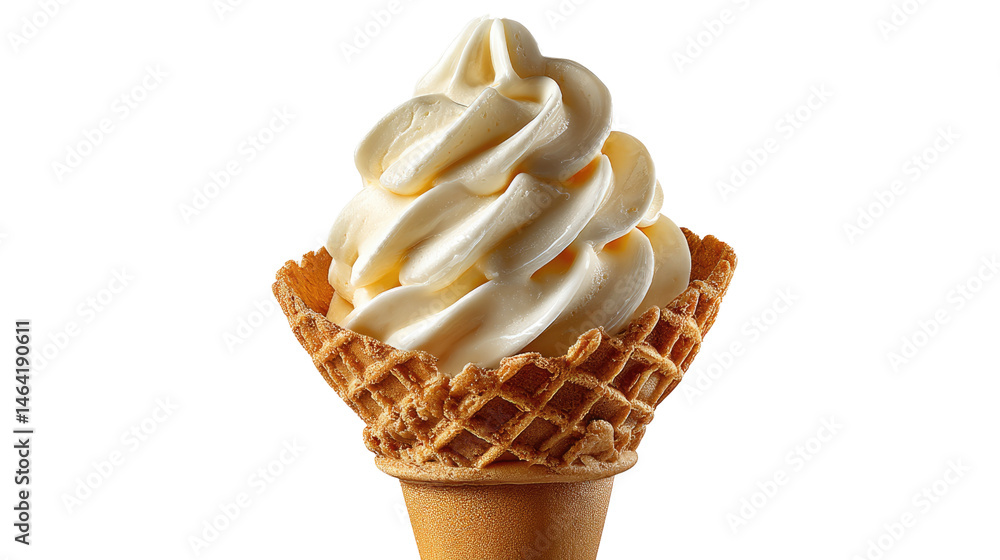 Poster soft serve swirl: a delectable swirl of vanilla soft-serve ice cream gracefully perched in a crispy 