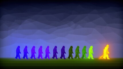 Low-poly bipedal figures walking across colorful landscape with gradient background