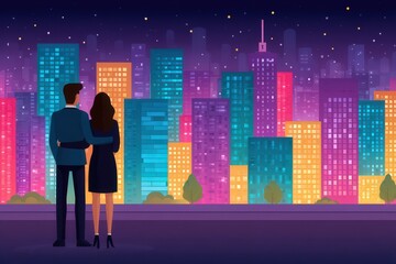 A couple enjoying a romantic evening overlooking a vibrant city skyline with colorful lights reflecting in the night sky creating a dreamlike urban atmosphere filled with love and connection
