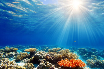 Obraz premium Exploring the vibrant underwater coral reef teeming with marine life under bright sunlight