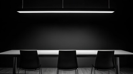 Dark interrogation room, empty chairs, blank wall, dim lighting; ideal for crime investigation