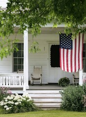 Quaint white house porch with American flag