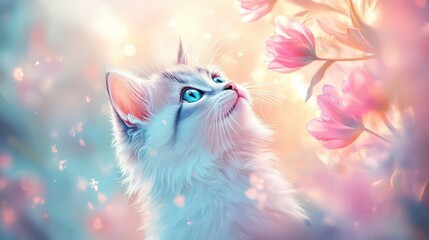 Kitten Amidst Blossoms: A charming fluffy kitten with bright blue eyes looks up in wonder at a bouquet of delicate pink blossoms.