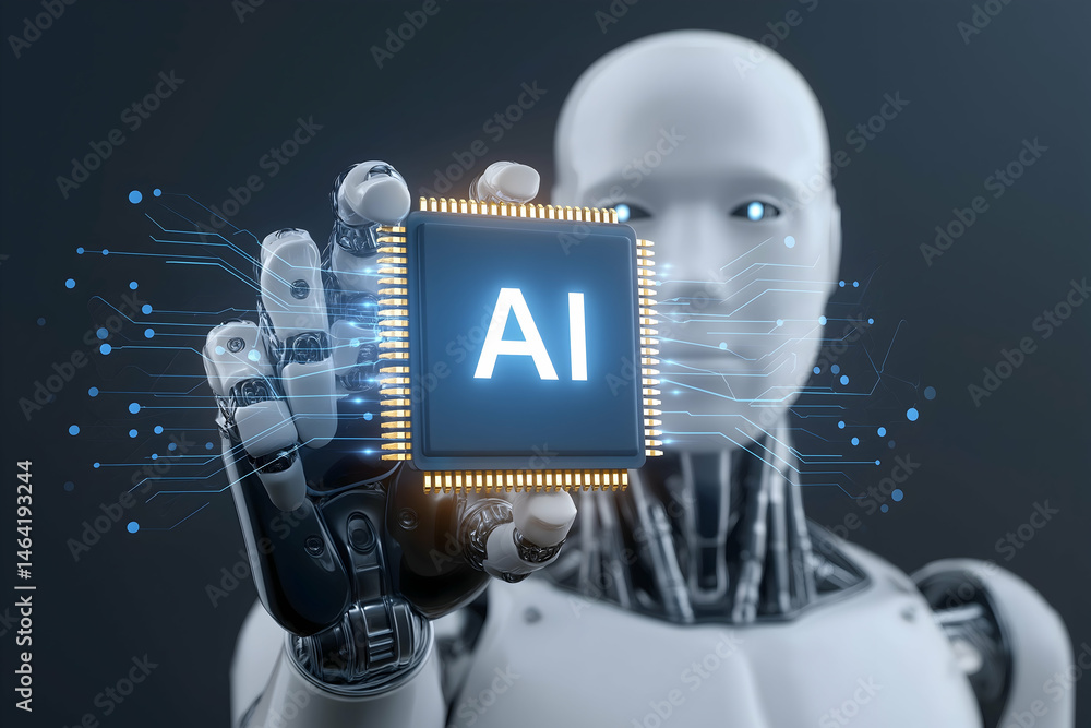 Poster a robot holds a microchip labeled 