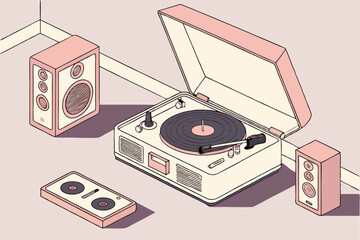 Fototapeta premium 10 Retro record player, vintage turntable, rose gold and cream colors, pastel background, minimalist design, 3D rendering, studio lighting, high detail, sharp focus, mid-century modern aesthetic, viny