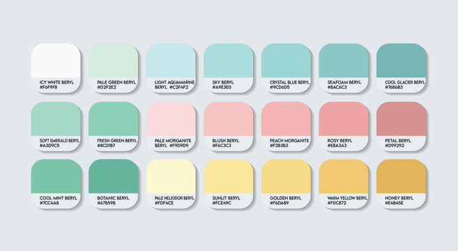 Beryl Color Guide Palette with color Names. Catalog Samples of Beryl Celadon RGB HEX codes and Names. Natural pastel pink, cream, green Color Palette, Fashion Trend Pantone Beryl paint Color Palette