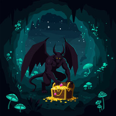 Winged Creature Opening Treasure Chest in Glowing Cave Scene