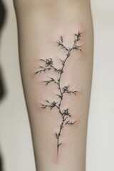 Obraz premium Minimalist black ink flowering branch tattoo on inner forearm with small blossoms