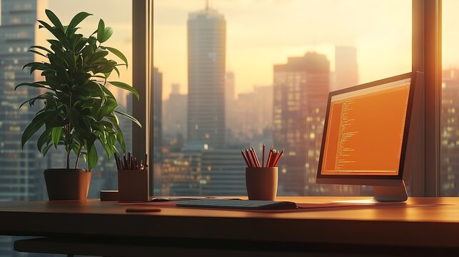 Modern Office Workspace with City Skyline View at Sunset featuring Plants and Computer