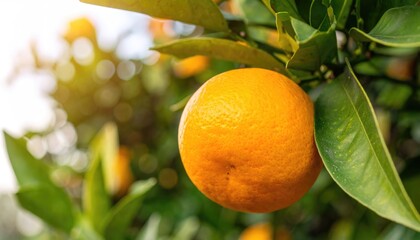 Orange on Branch: A vibrant, ripe orange hangs from a branch, surrounded by lush green leaves. Sunlight streams through the foliage, creating a warm and inviting atmosphere.