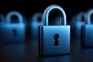 Blue padlock standing prominently in the foreground against blurred locks in the background highlighting concepts of security privacy and protection in a digital world