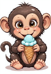 Fototapeta premium A colorful illustration of a small, happy monkey enjoying an ice cream, bringing joy and playfulness with vibrant and cheerful details