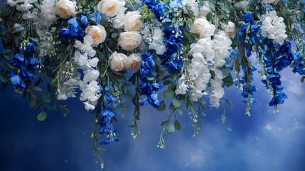 白と青の花が密集した爽やかなフラワーウォール華やかな美しい背景
