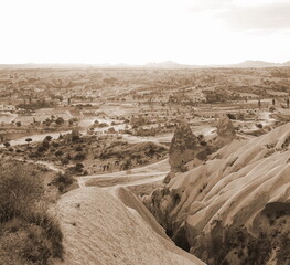 Rock Valley Landscape Natural Eroded Form Wide Angle Sepia Color. Scenic View Captured From High...