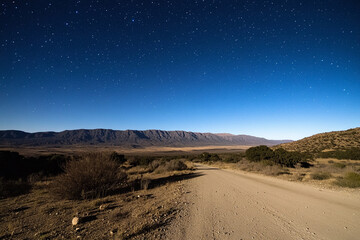 Starry night over a serene desert landscape with winding dirt path and distant mountains