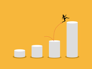 Developed fast, businessman jumps far to the top of the bar chart