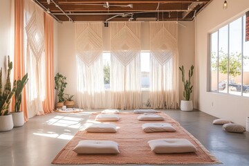 Fototapeta premium Yoga studio with hanging macrame decorations, featuring a desert sunset palette, creating a serene and peaceful atmosphere for mindfulness and relaxation.