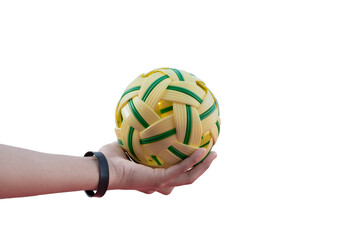 Isolated sepak takraw holding in hand with clipping paths.