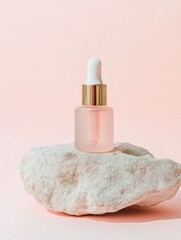 Glass cosmetic serum bottle on stone with minimal background, natural skincare product mockup in clean style.