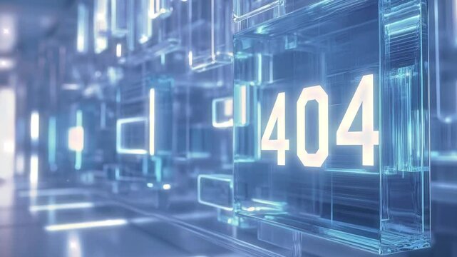 3D illustration 404 website error, light white and blue, glass as material, translucent layer style, technology style