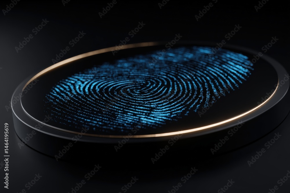 Poster high-tech digital fingerprint scanner displaying intricate biometric pattern illuminated against dar