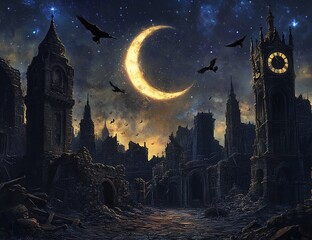 Ruined Cityscape Crescent Moon Ravens Gothic Fantasy Art