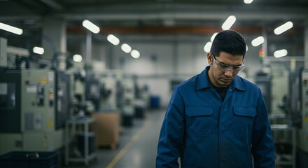 Fototapeta premium Focused Industrial Worker in Modern Factory Setting Precision and Manufacturing Expertise