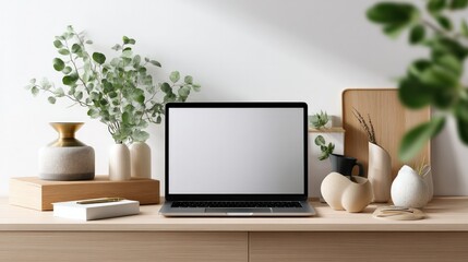 Minimalist Workspace Mockup: A sleek laptop sits at the heart of an inviting workspace, complemented by natural elements and a touch of elegant simplicity. It's a clean space for work