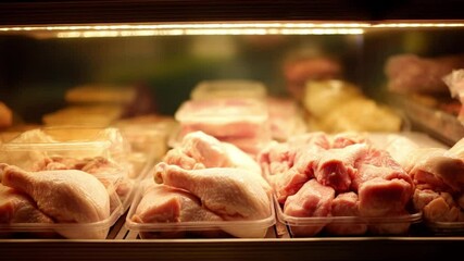 Fresh chicken cuts displayed in a refrigerated case, showcasing various packaging and meats
