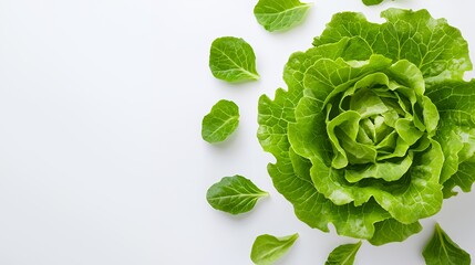 Obraz premium Fresh green butter lettuce head and loose leaves on a white background