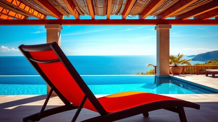 Fototapeta premium A luxurious red chaise lounge sits poolside overlooking a stunning ocean vista from a modern villa with a pergola.