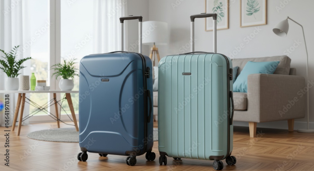 Poster two suitcases standing in a living room with a couch and table in the background indoors setting