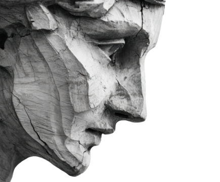 Carved wooden sculpture of a human face in detailed close-up on a transparent background, cut out