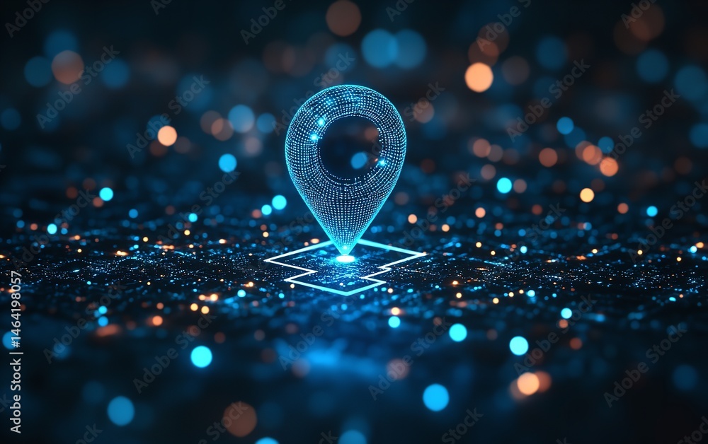 Poster glowing gps location pin on digital map futuristic tech